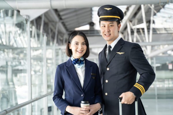 Commercial cabin crew or hostress and pilot occupation concepts. Portrait of Asian airliner pilot and air hostess standing together in airport terminal to the airplane with smile face and happiness.
