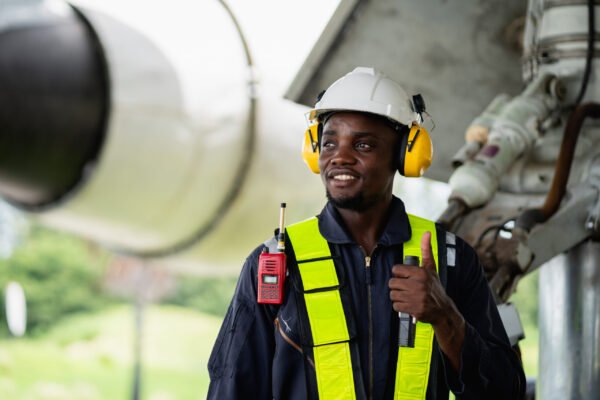 Aircraft maintenance engineer inspecting airplane engine with safety equipment and tools, aviation mechanic ensuring aircraft repair, safety check, and technical engineering service.