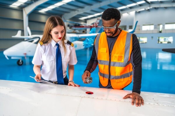 Aircraft maintenance engineer shows a fuel sample to a pilot during a pre flight check in a hangar