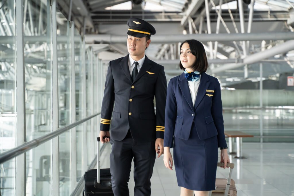 Asian airliner pilot and air hostess walking and talking together in airport terminal to the airplane