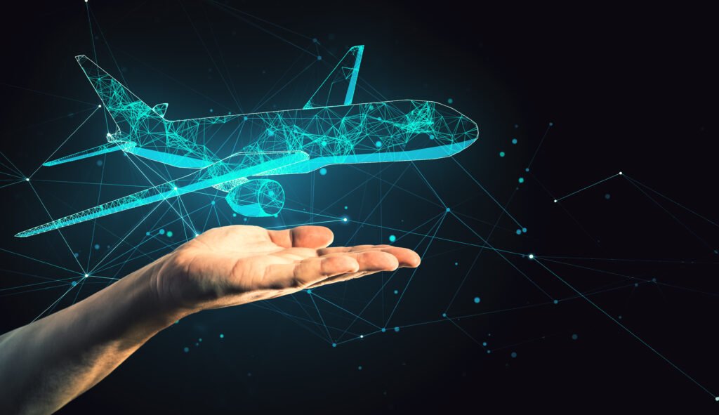 Human hand with palm opened with digital airplane hovering above