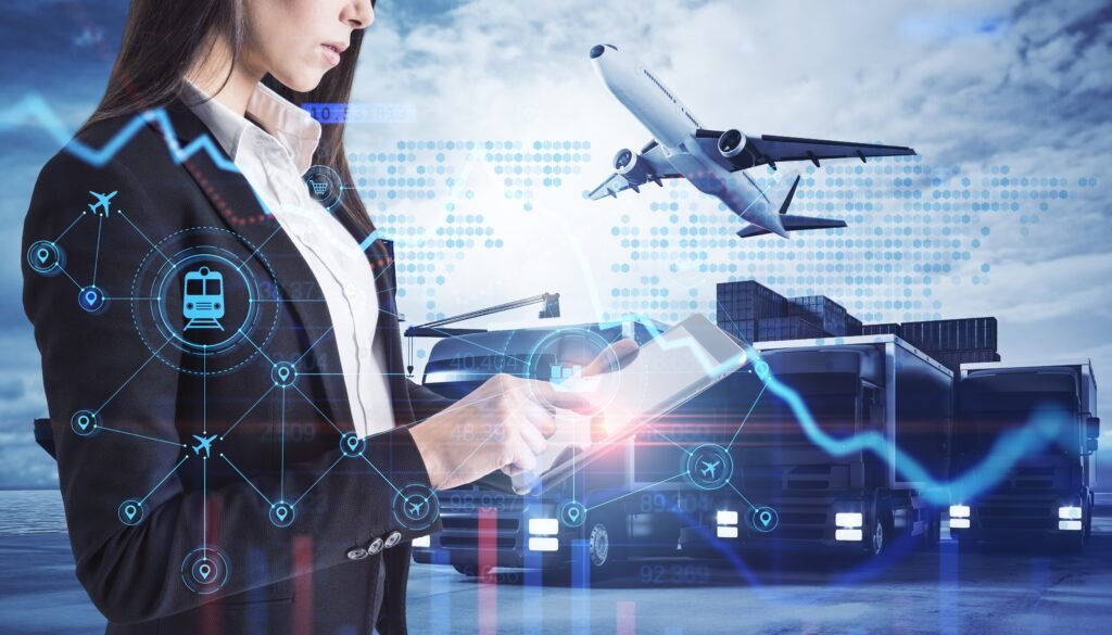 female with business attire holding a tablet device, with a background of an airport with plane, overlayed with digital elements