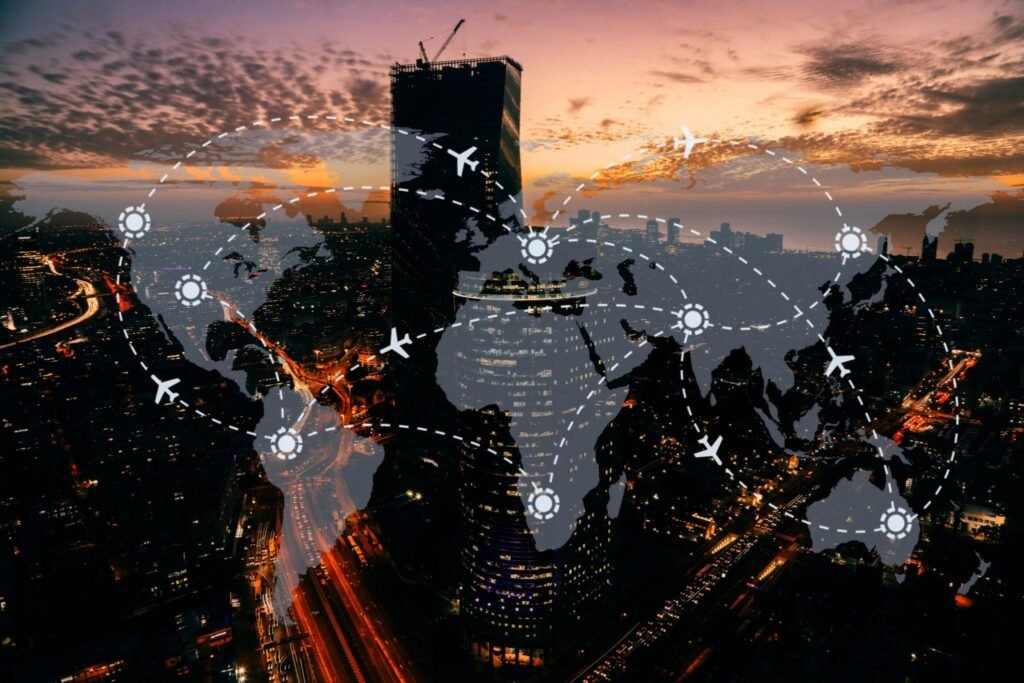 Backdrop of shanghai. with map of the world layered