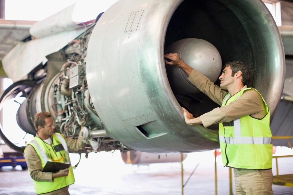 Aircraft workers checking airplane