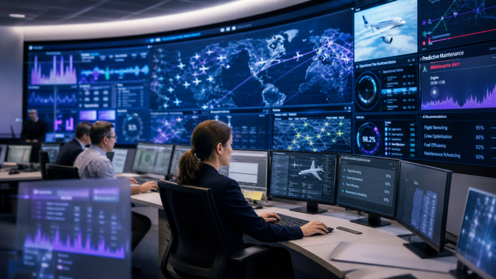 Team of aviation personnel working with computers and screens, using AI to optimize operations. Ai in Airline operations