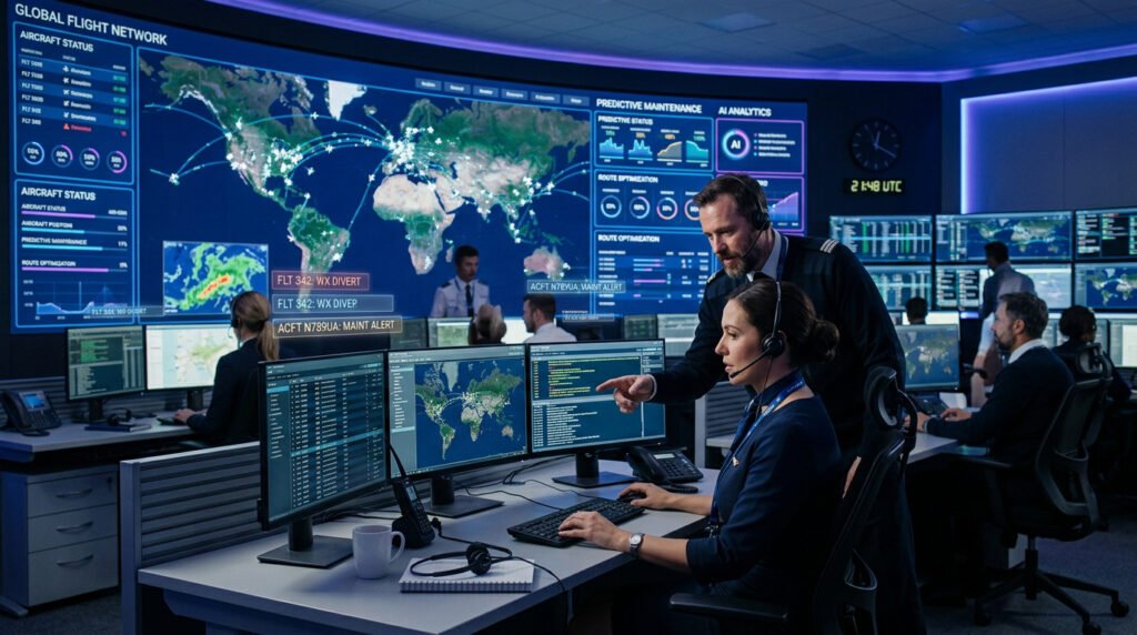 Team of aviation personnel working with computers and screens, using AI to optimize operations. Man with headset mansplaining. Ai in Airline operations