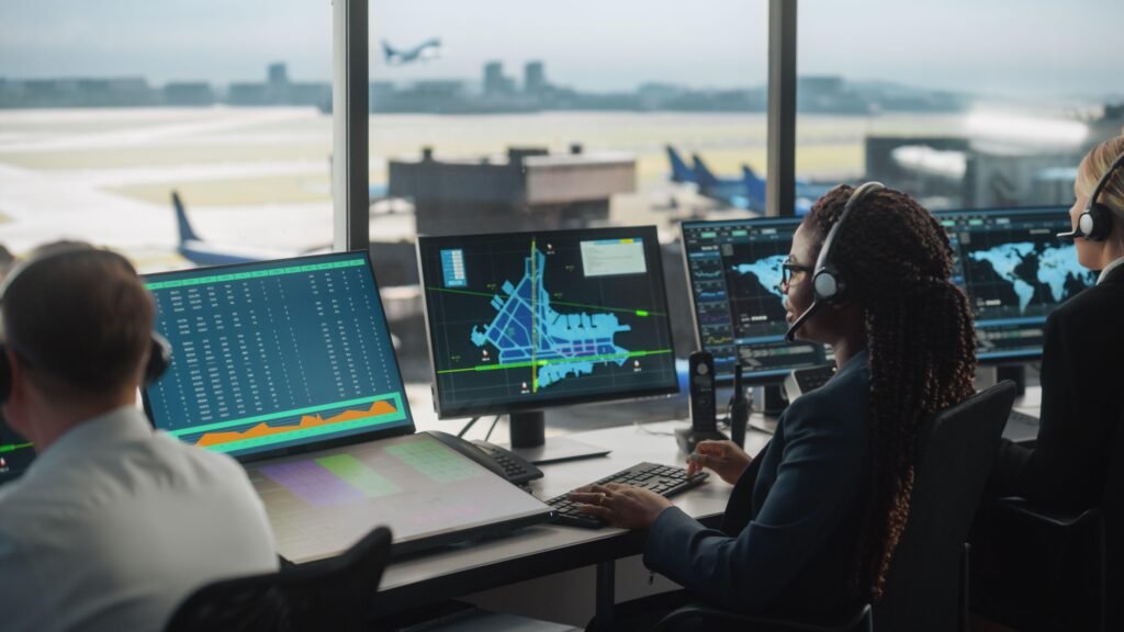 Team of aviation personnel working with computers and screens, using AI to optimize operations. Black woman getting data from screen. Ai in Airline operations