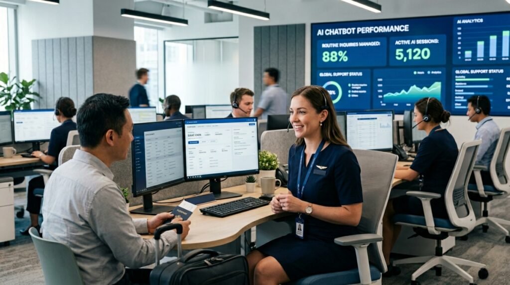 Team of aviation personnel working with computers and screens, using AI to optimize operations. Woman personnel welcoming traveller with passport in hand. Ai in Airline operations