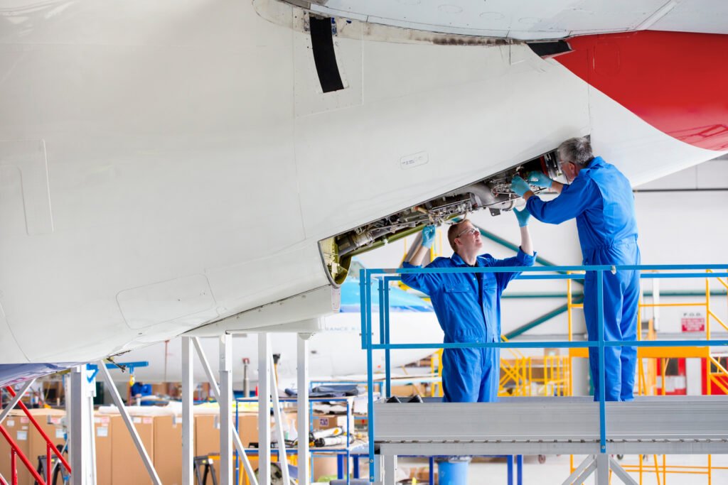 aircraft-mechanics-working-on-commercial-jet-engine. Hiring Aviation Professionals .