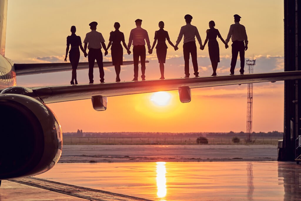 Portrait of pilots with women flight attendant in business uniform spending time in the aviation hangar while standing on the wing of commercial airplane. Hiring Aviation Professionals .