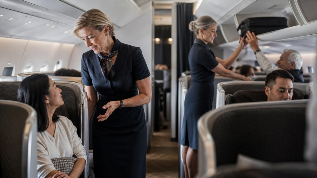 Flight attendant assisting a passenger in a business class cabin. flight attendant recruitment.