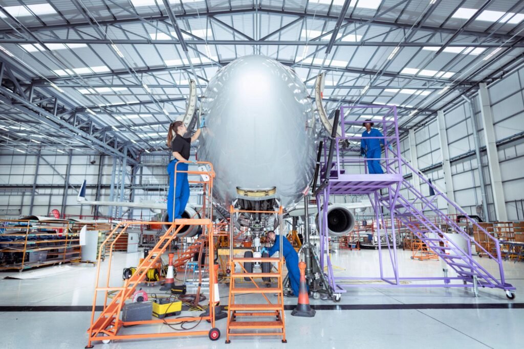 Aircraft technicians performing maintenance on a commercial aircraft in a hangar. MRO Recruitment.