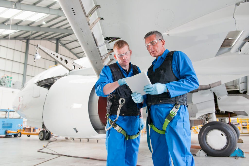 Aircraft maintenance technicians reviewing inspection data beside a commercial aircraft. MRO Recruitment.