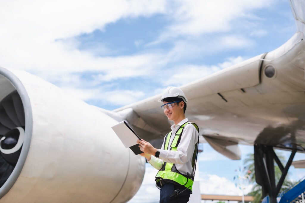 Aircraft maintenance technician inspecting a commercial airplane using a checklist. Green Aviation Jobs.
