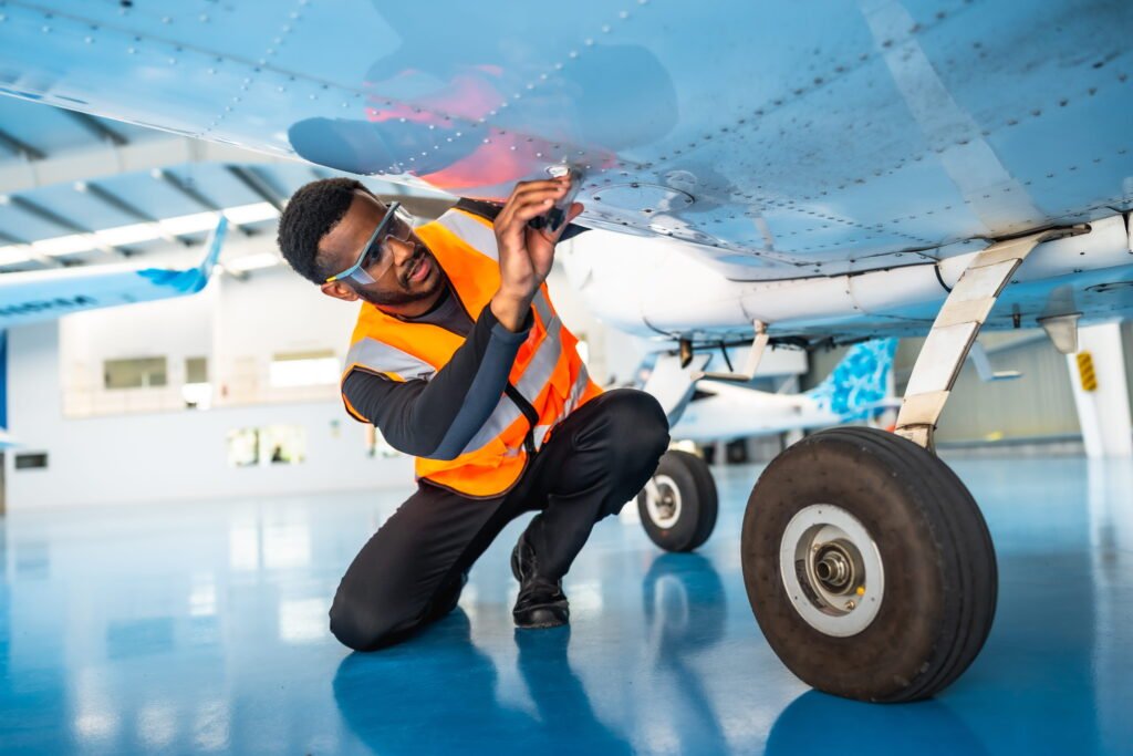 Aircraft technician inspecting the underside of a plane in a maintenance hangar. Green Aviation Jobs.