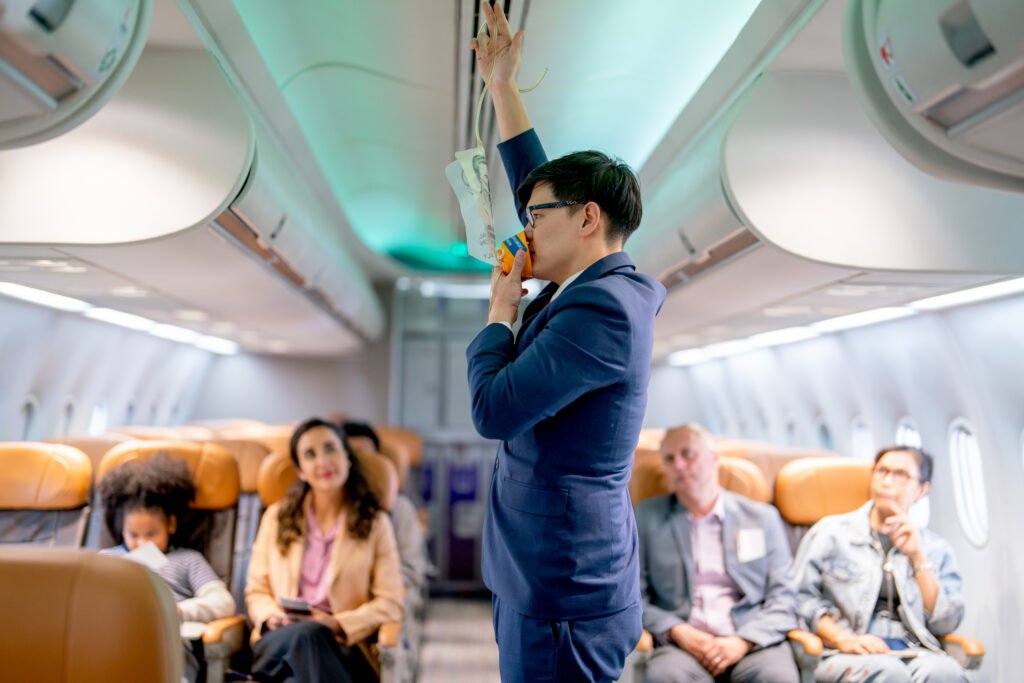 flight attendant recruitment. Airline staff man demonstration and explain about safety tools, oxygen mask, in the airplane to the passenger before the flight in airport area.