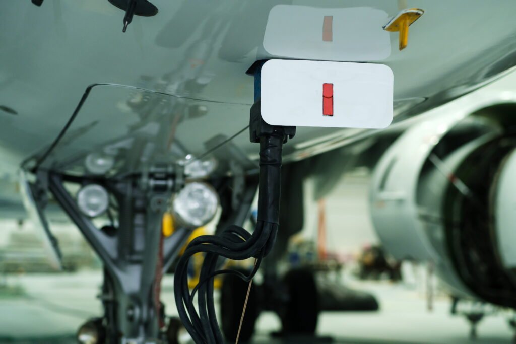 Aircraft sensor attached beneath a commercial plane during maintenance inspection. Green Aviation Jobs.
