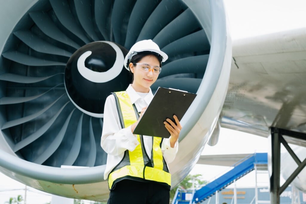 Female aviation engineer in safety gear inspecting an airplane engine, embodying professionalism and industry standards. MRO Recruitment.