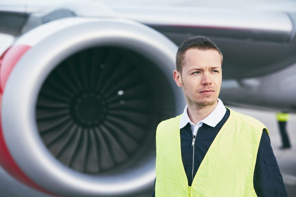 Ground crew member standing beside a commercial aircraft engine on the airport apron. Green Aviation Jobs.