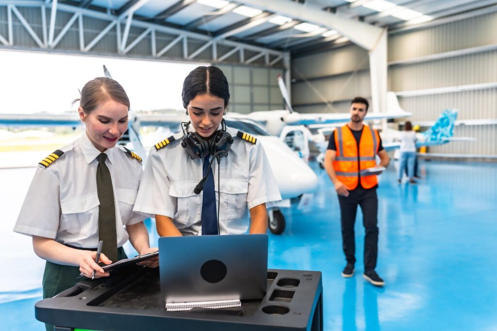 Aircraft crew reviewing maintenance information on a laptop in an aircraft hangar. Green Aviation Jobs.