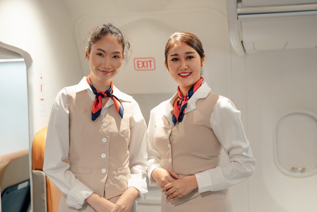 Stewardess with background of plane, Airline transportation and tourism concept. flight attendant recruitment.