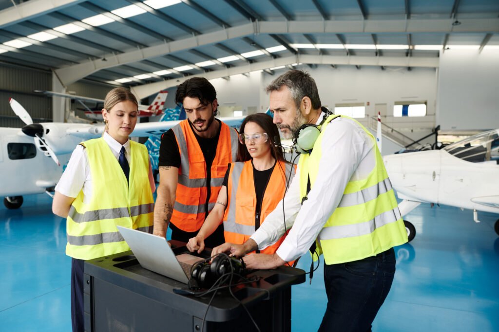 Aviation crew and trainee collaborating in a hangar, discussing aircraft maintenance and planning work using a laptop. MRO Recruitment.