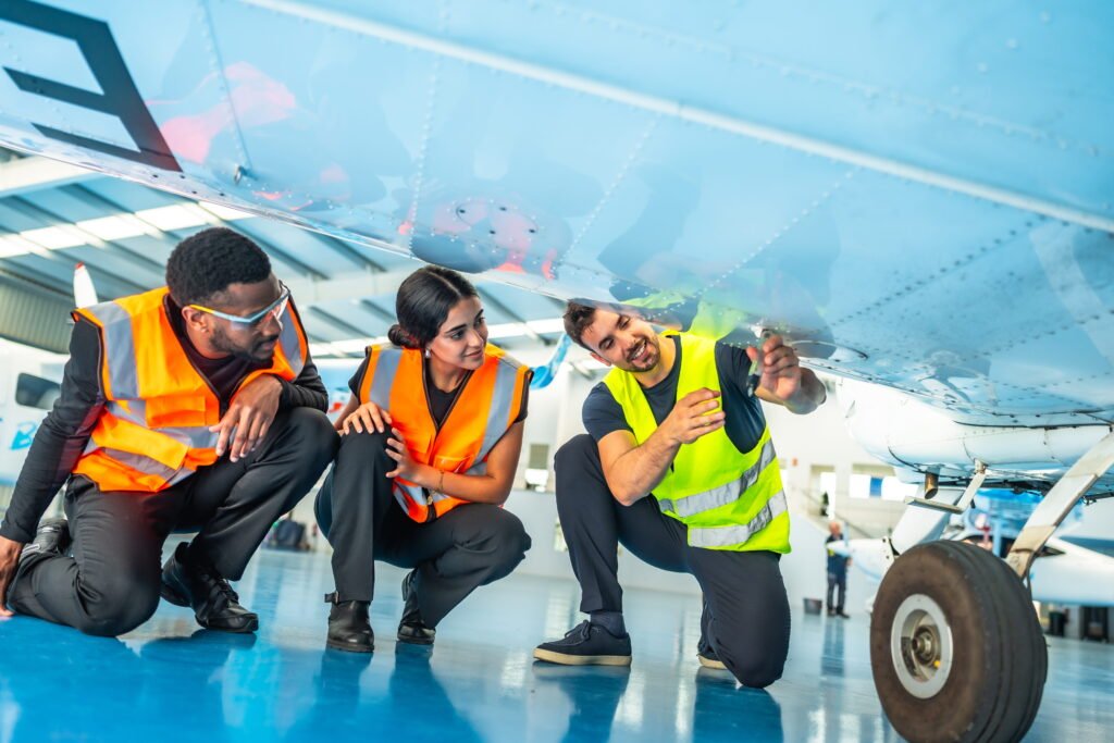 aircraft-mechanics-inspecting-plane-in-hangar-. Aviation workforce gaps.