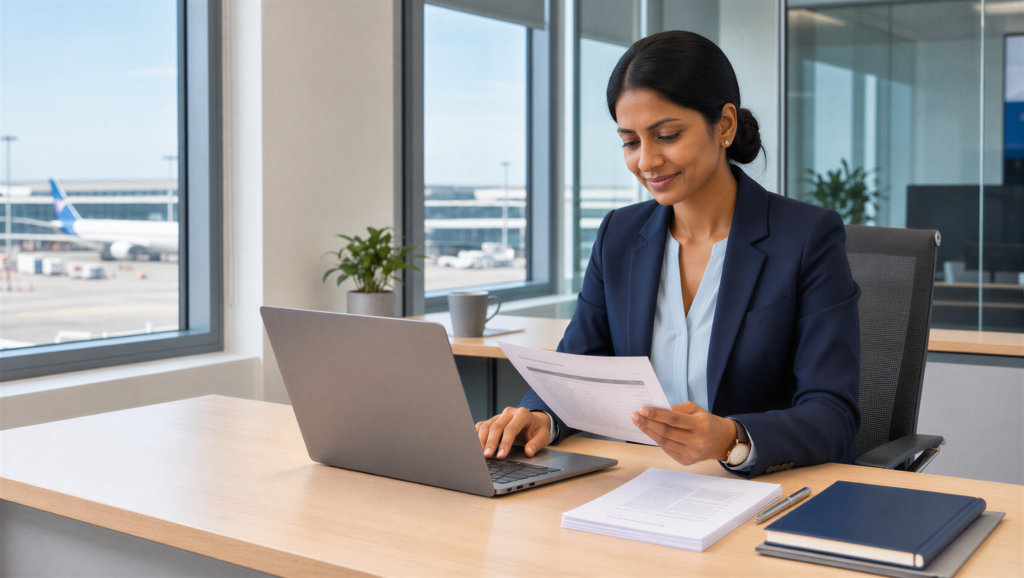 Aviation Recruiter reviewing applications in the office. AI in aviation recruitment.