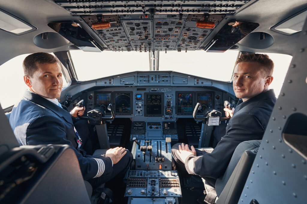 Pilot in command and first officer staring at camera while sitting in cockpit at plane steering wheels. AI in aviation recruitment.