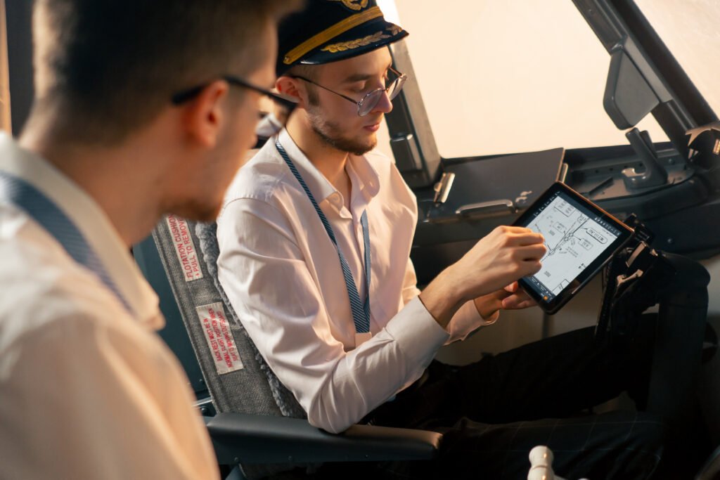 pilots in the cockpit of the plane near the control panel with a tablet in their hands discuss the route before the start of flight simulator. AI in aviation recruitment.
